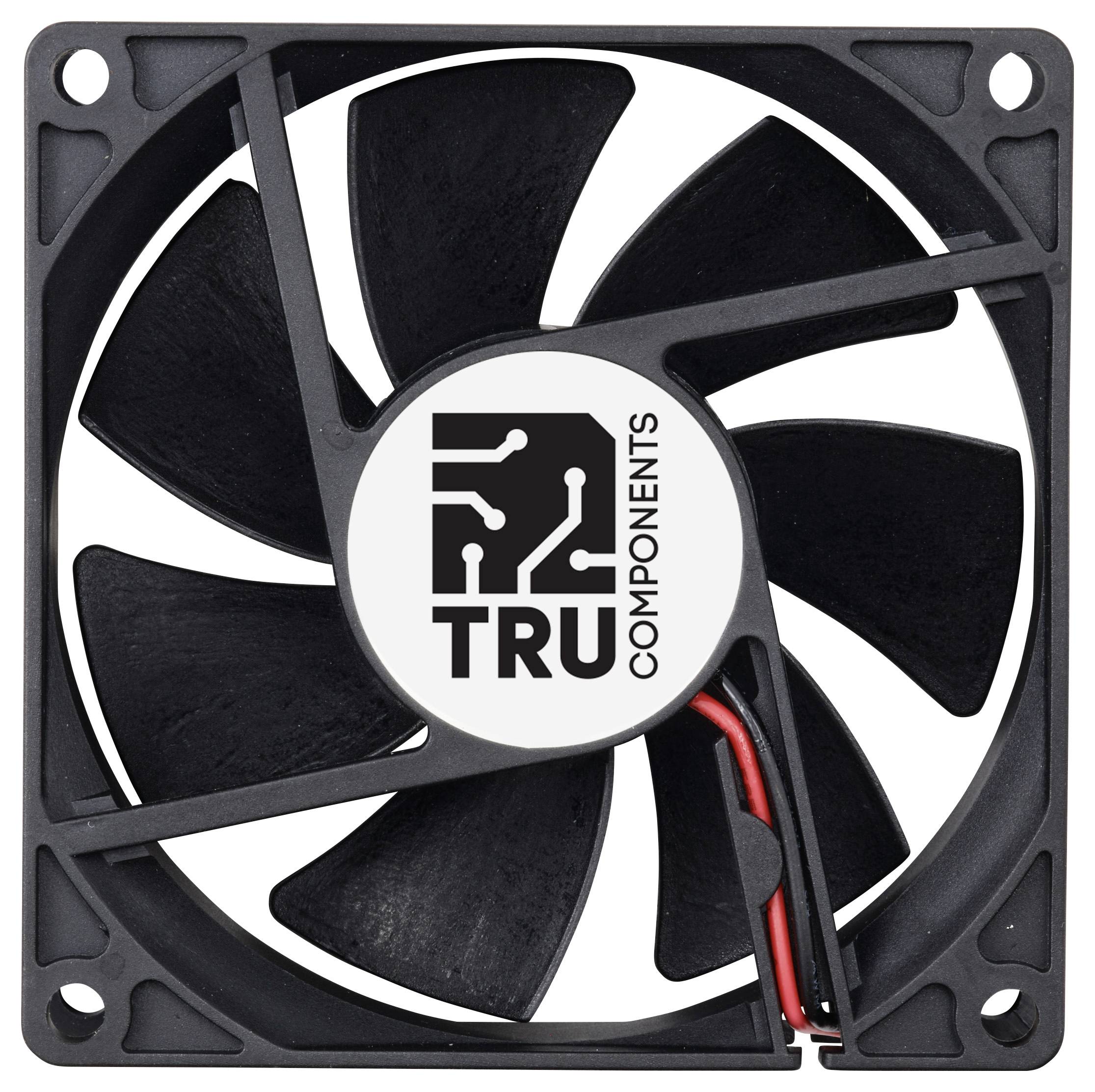 Schwarzer PC-Lüfter von TRU Components mit sieben Flügeln, rotem und schwarzem Kabel.