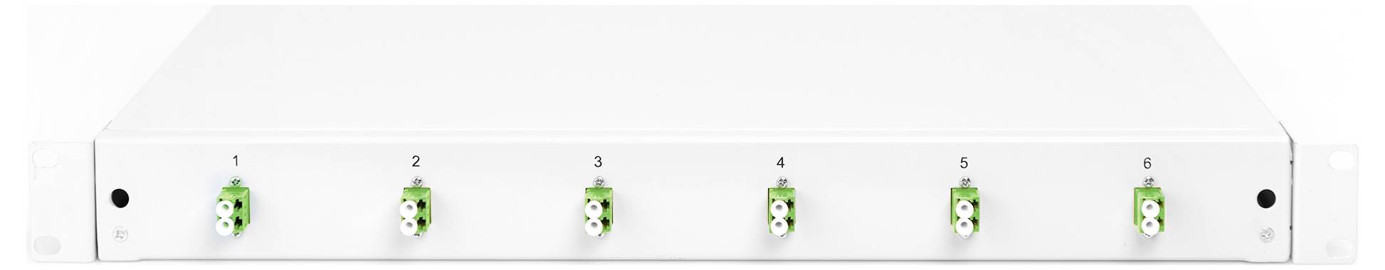 Ein 1U Glasfaser-Patch-Panel mit sechs grünen LC-Anschlüssen an der Vorderseite, nummeriert von 1 bis 6.