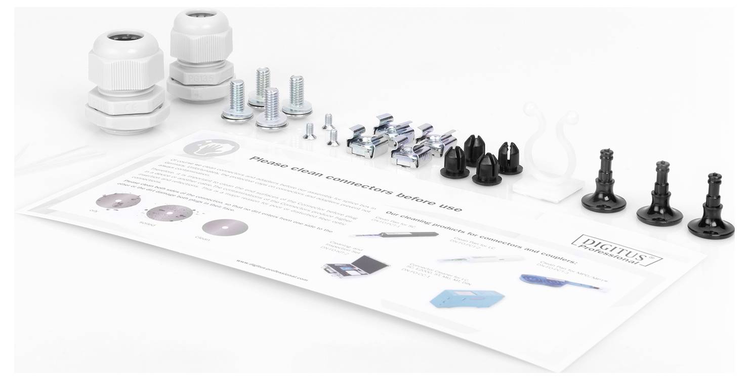 Ein Satz Montagezubehör für Solarmodule, einschließlich Schrauben, Kabelverschraubungen, Clips und Installationanleitung.