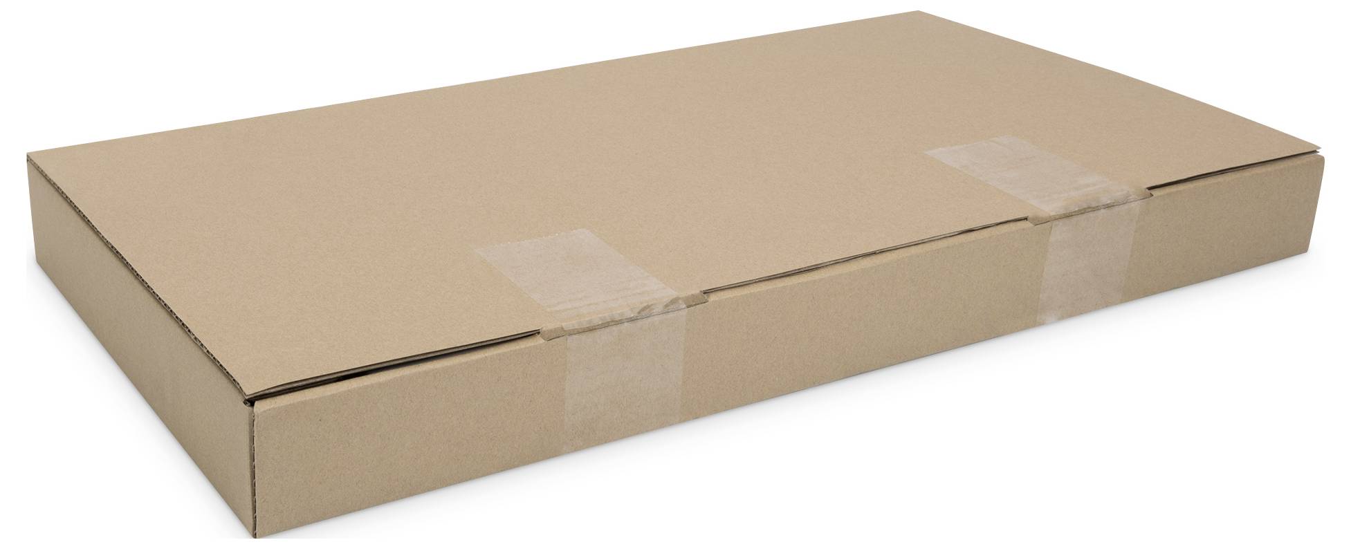 Ein flacher, rechteckiger Pappkarton mit zwei Klebestreifen in der Mitte.