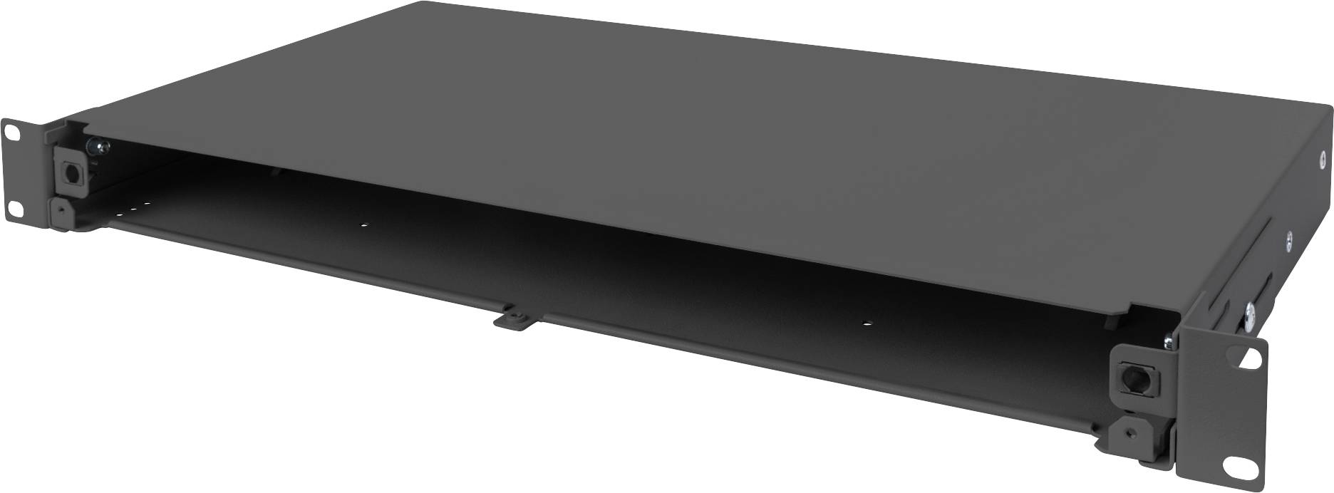 Ein schwarzes, leeres 1U-Rackmount-Gehäuse aus Metall, geeignet zur Montage in einem Serverrack.