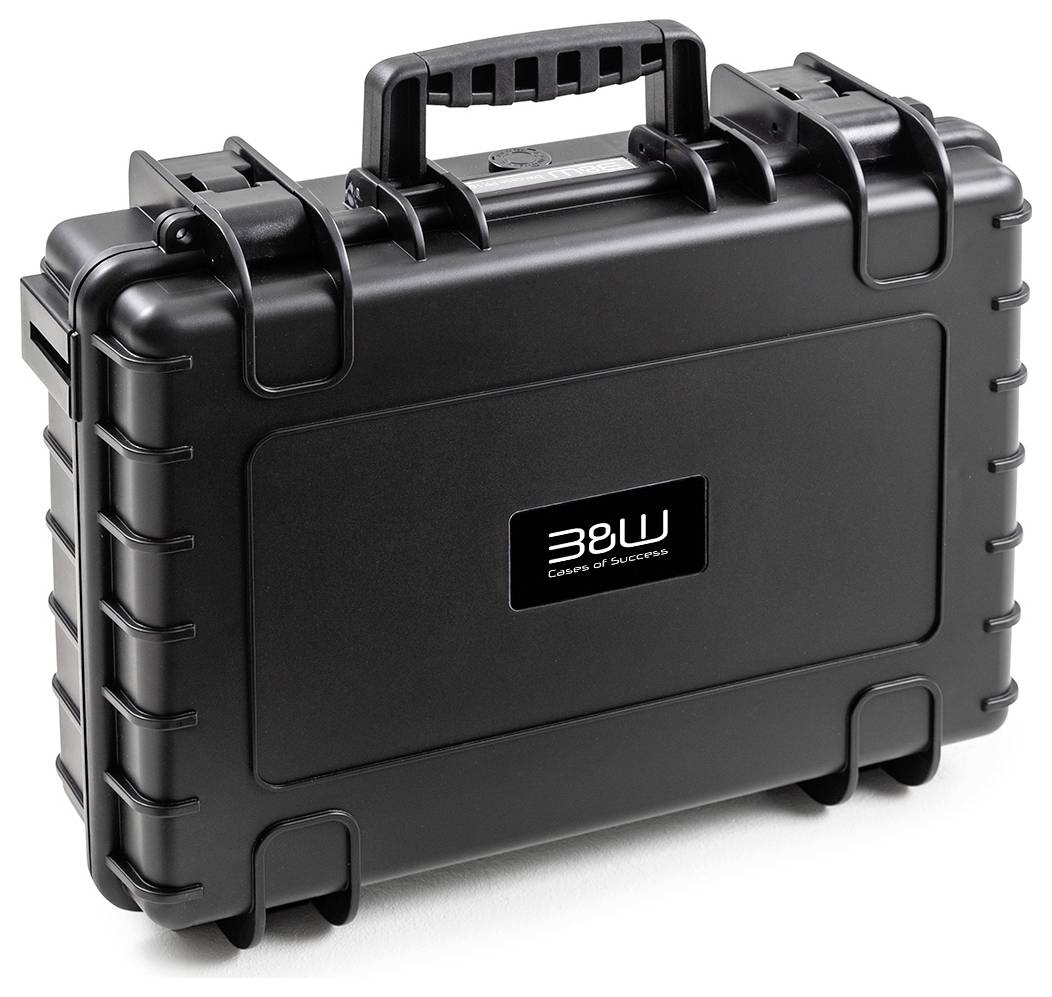 Schwarzer, robuster Koffer aus Kunststoff mit Griff und Sicherheitsschlössern, geeignet für den sicheren Transport empfindlicher Gegenstände.