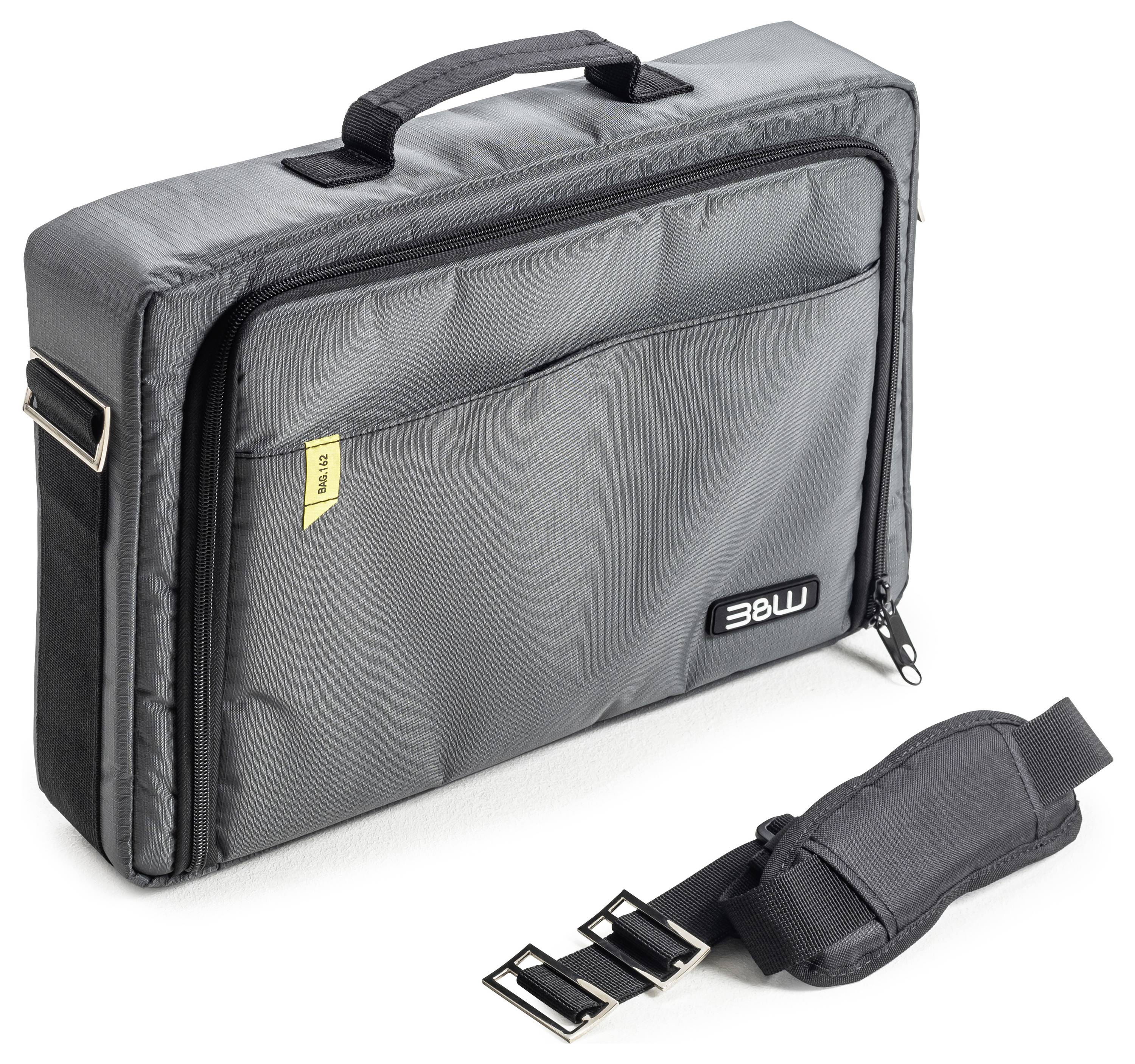 Eine graue, rechteckige Laptoptasche mit einem Griff oben und abnehmbaren Schultergurt. Sie hat eine Außentasche mit Reißverschluss.
