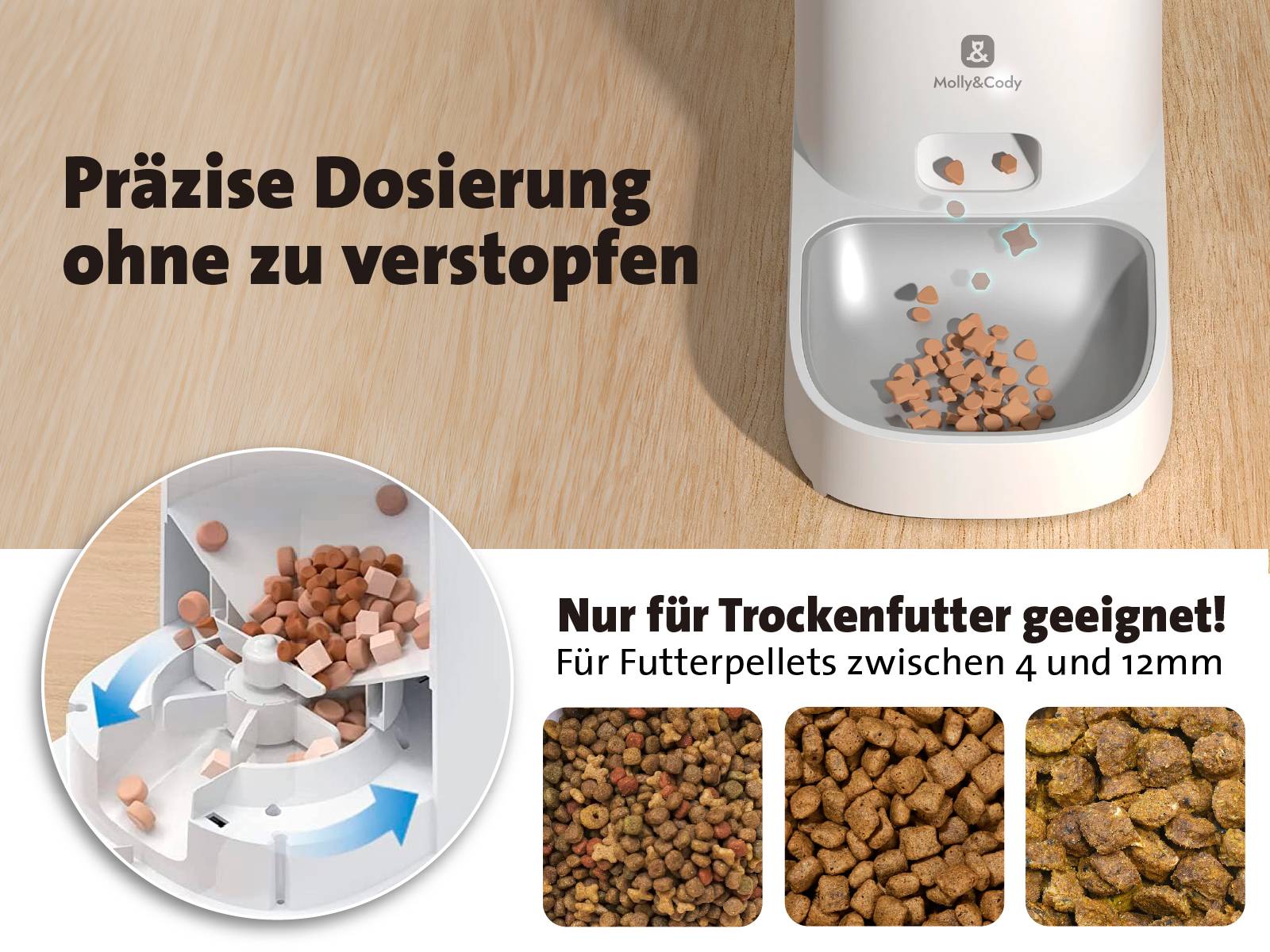 Molly & Cody Futterautomat BALOU 4 l Katze, Hund Weiß Individueller Fütterungsplan, Präzise Dosier