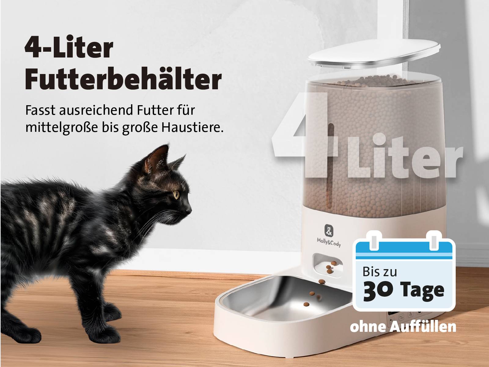 Molly & Cody Futterautomat BALOU 4 l Katze, Hund Weiß Individueller Fütterungsplan, Präzise Dosier