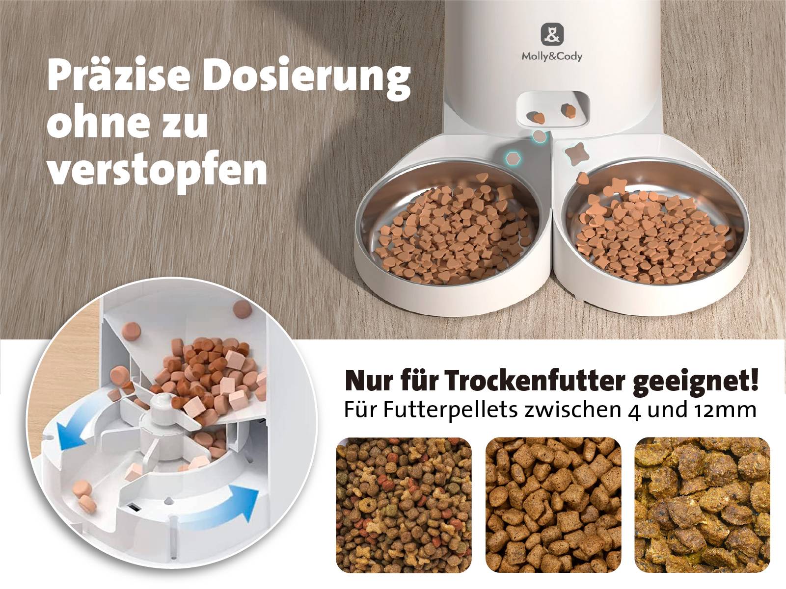 Molly & Cody Futterautomat LUCKY 4l Katze, Hund Weiß Individueller Fütterungsplan, Präzise Dosierung, 2 Schüsseln 1 St. MC100003