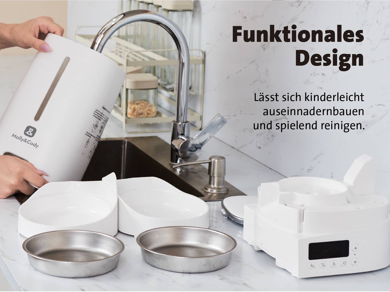 Molly & Cody Futterautomat LUCKY 4l Katze, Hund Weiß Individueller Fütterungsplan, Präzise Dosierung, 2 Schüsseln 1 St. MC100003