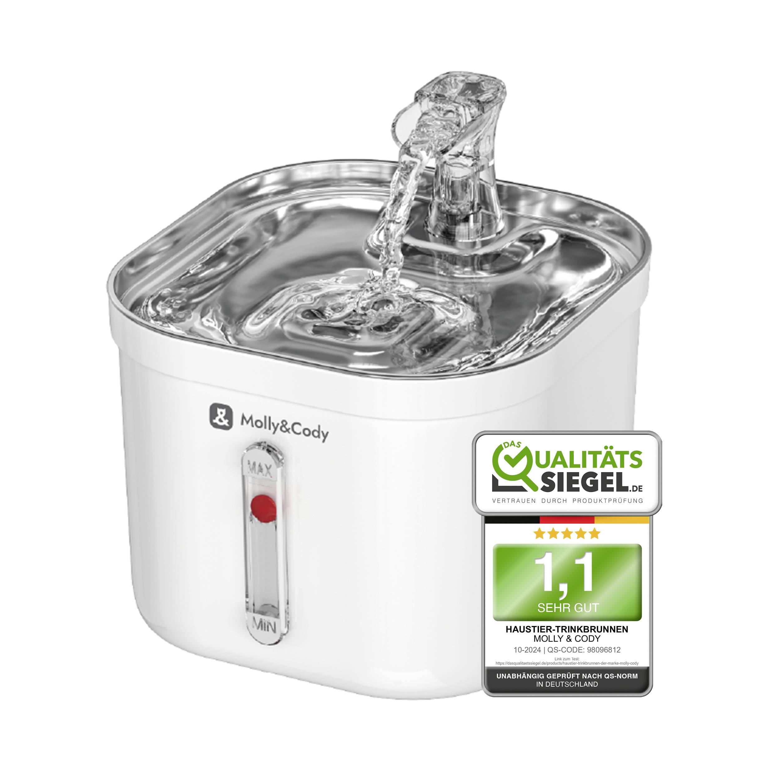 Ein weißer Haustier-Trinkbrunnen mit fließendem Wasserstrahl und einem Qualitäts-Siegel '1,1 Sehr Gut' von 'Qualitätssiegel.de'.