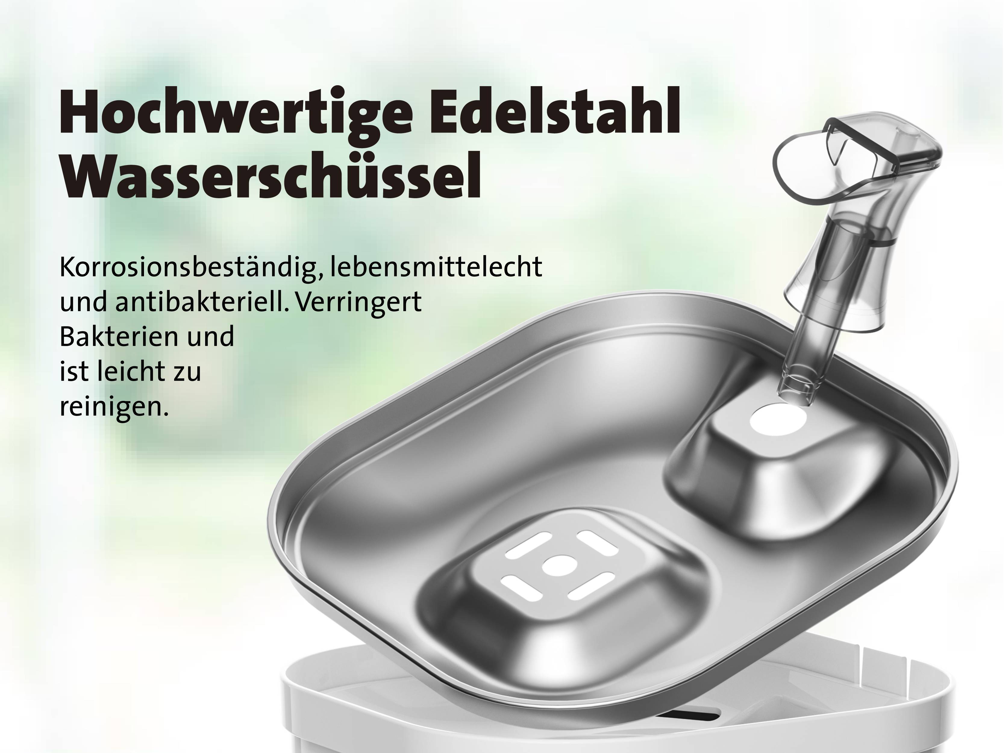 Edelstahl Wasserschüssel, korrosionsbeständig, lebensmittelecht, antibakteriell. Verringert Bakterien, leicht zu reinigen.