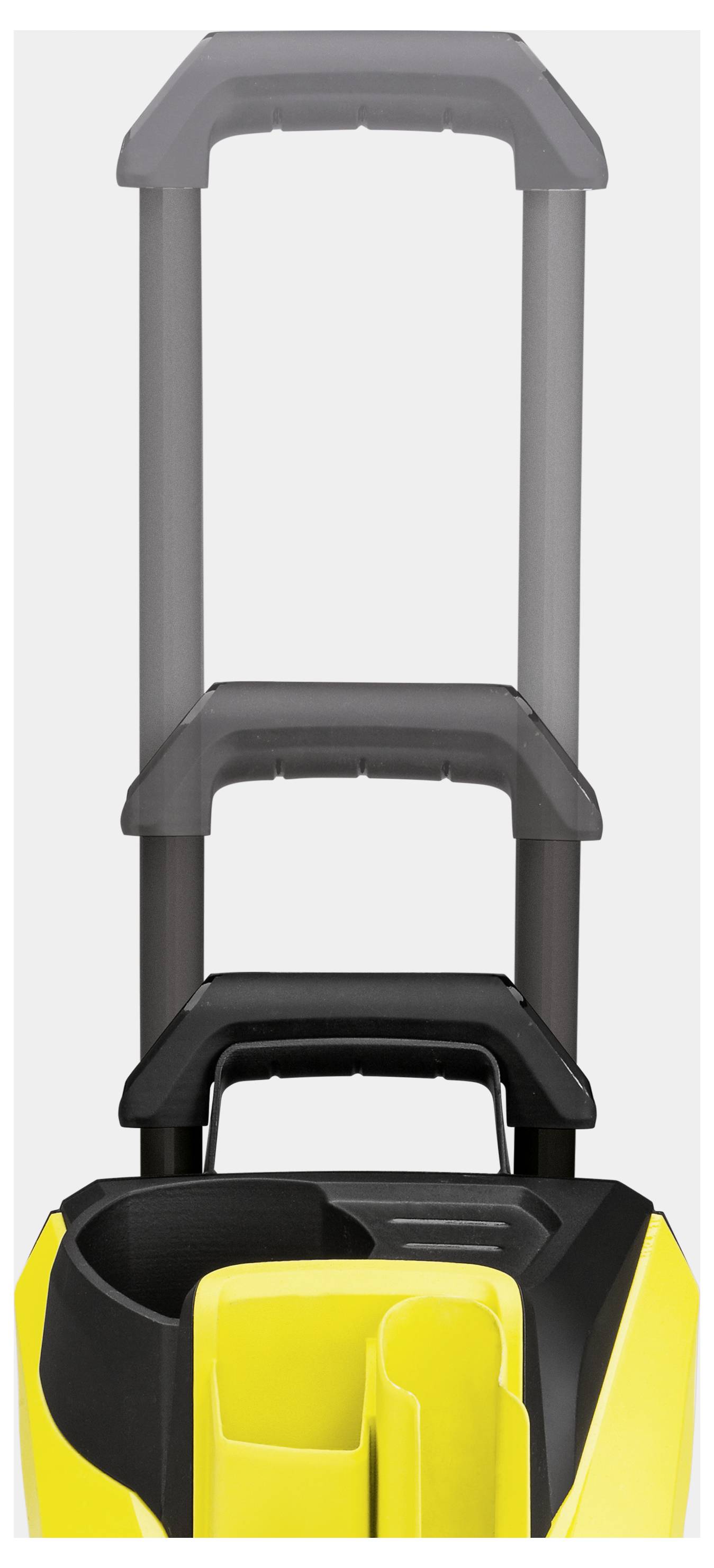 Gelber Koffer mit ausziehbarem Griff und mehreren Fächern, geeignet für Reisen.