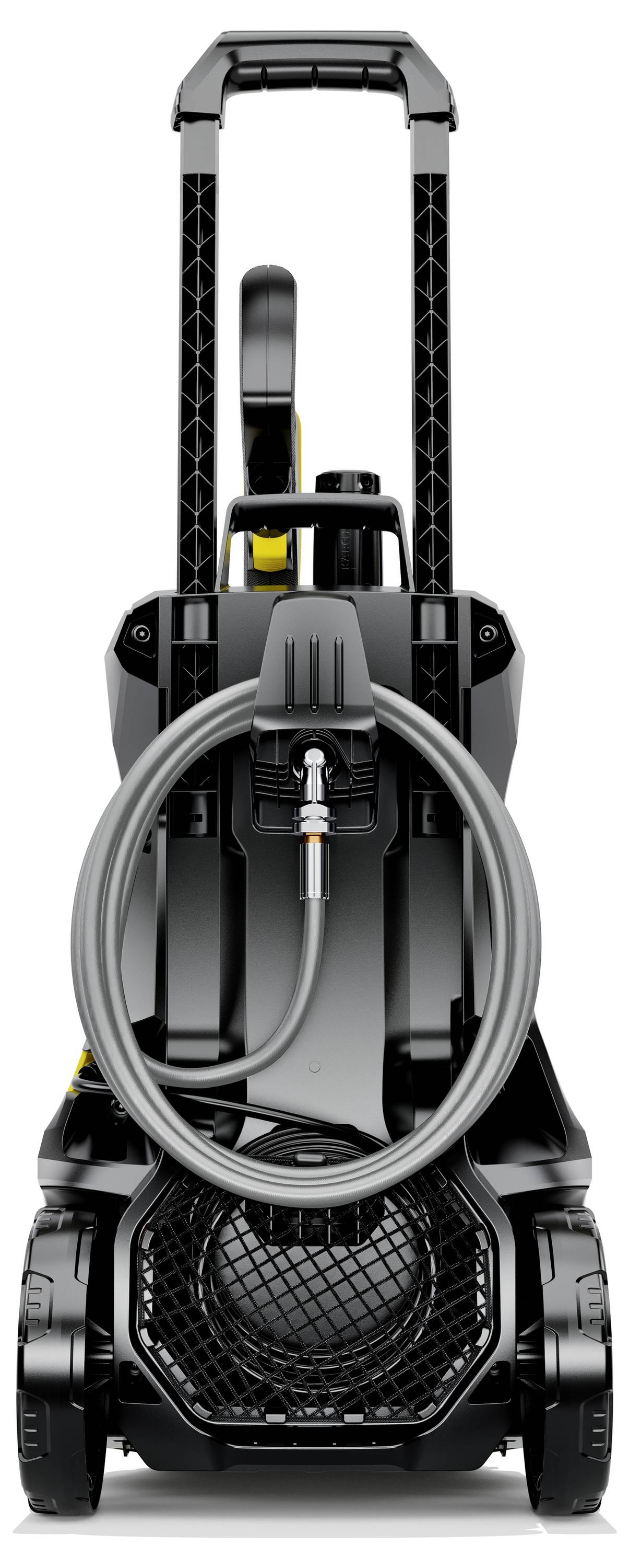 Ein Hochdruckreiniger mit schwarzem Design, großem Griff oben und aufgerolltem Schlauch vorne, steht auf beweglichen Rädern.