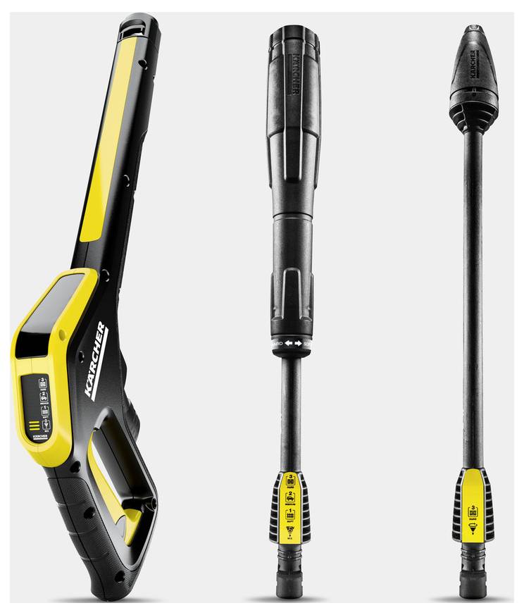 Hochdruckreiniger-Zubehör: Pistole mit LED-Display, Vario-Power-Düse und Dreckfräser, jeweils in Schwarz und Gelb.