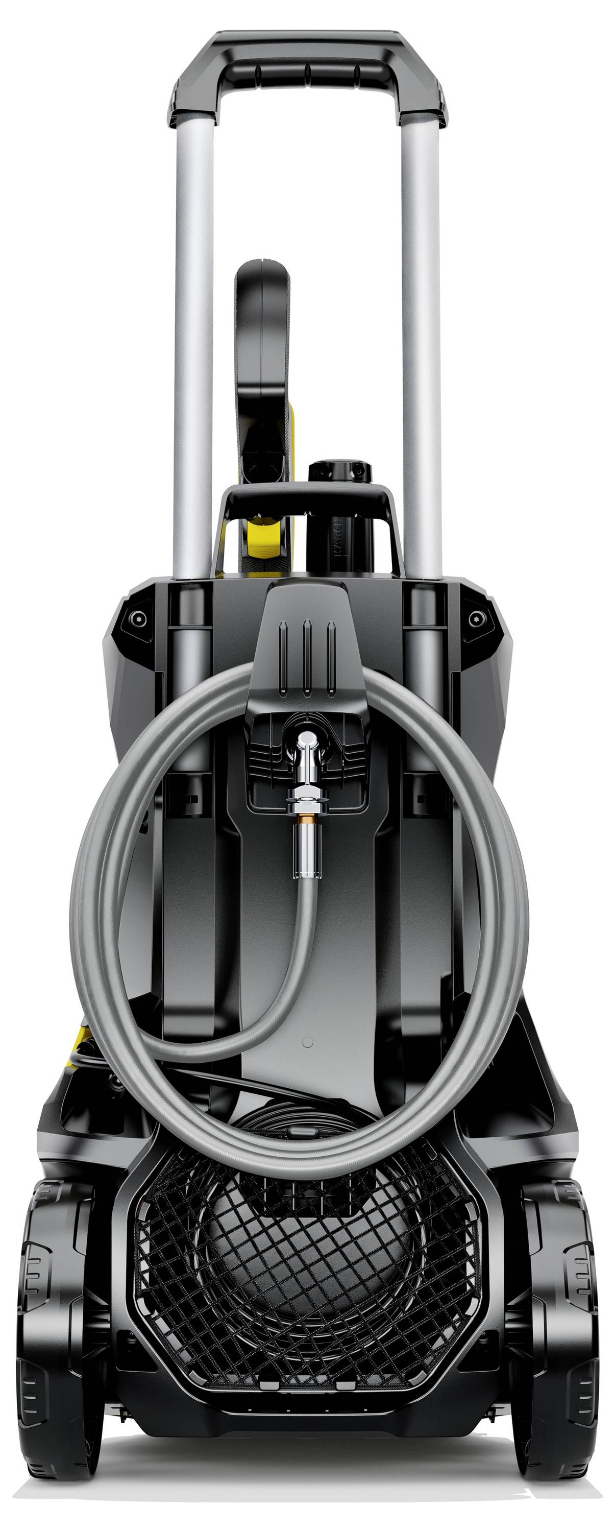 Ein schwarzer Hochdruckreiniger mit Griff, Schlauchaufwicklung und großen Rädern für einfache Mobilität.