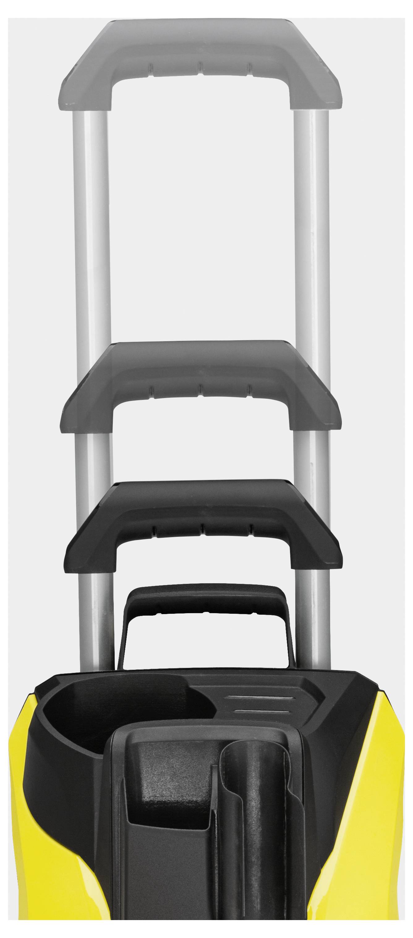 Ein gelber Trolley-Koffer mit ausgezogenem Teleskopgriff, auf grauem Hintergrund dargestellt.