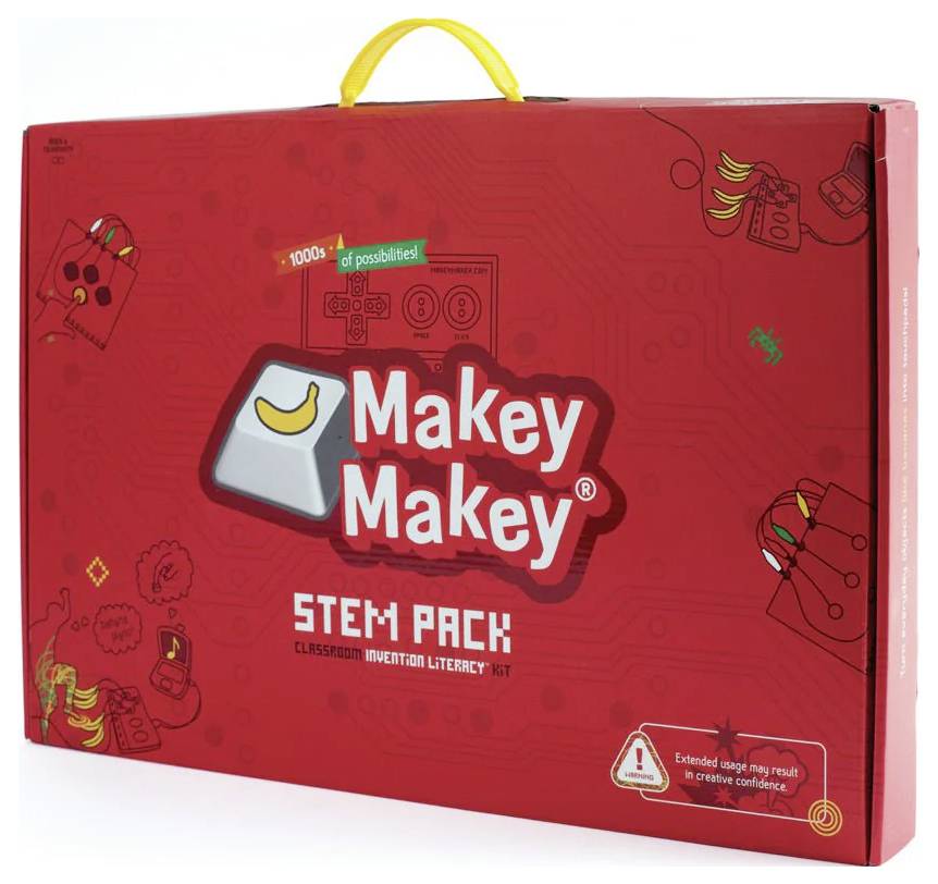 „Rote Makey Makey STEM Pack-Box mit Abbildungen einer Banane und elektronischer Komponenten, Text lautet „Tausende von Möglichkeiten!