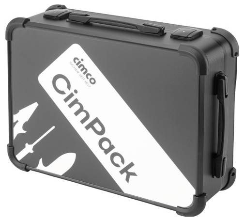 Ein schwarzer Koffer mit der Aufschrift 'CimPack' und dem Logo von 'Cinco', stilisierte Werkzeug-Silhouetten im Hintergrund.