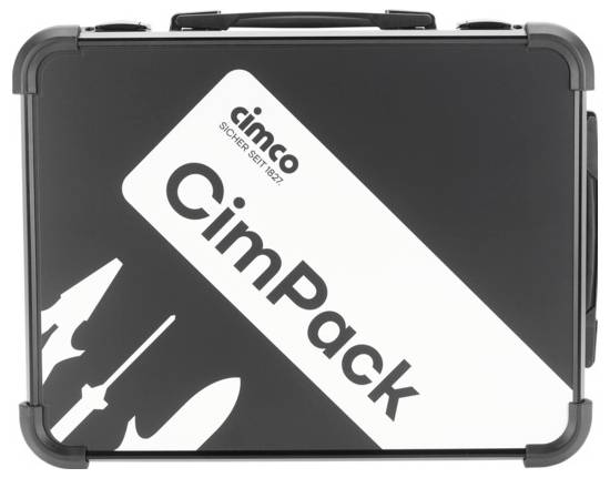 Ein schwarzer Werkzeugkoffer mit der Aufschrift 'CimPack'. Links sind Silhouetten von Werkzeugen zu erkennen.