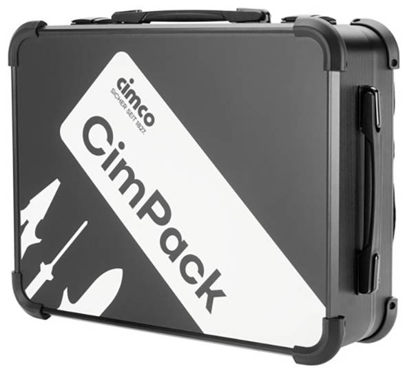 Schwarzer Koffer mit Aufschrift 'Cimco – CimPack', inklusive stilisierter Werkzeugsilhouetten.
