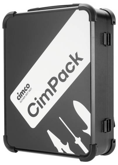 Schwarzer Werkzeugkoffer mit der Aufschrift 'CimPack'. Das Logo und Werkzeug-Symbole sind auf der Vorderseite abgebildet.