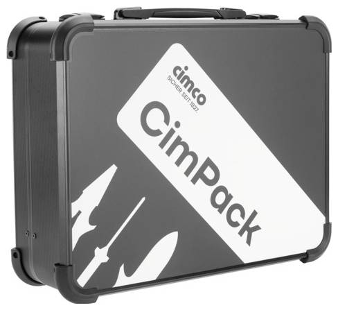 Schwarzer Werkzeugkoffer mit dem Aufdruck 'Cimco CimPack' und Silhouetten von Werkzeugen auf der Vorderseite.