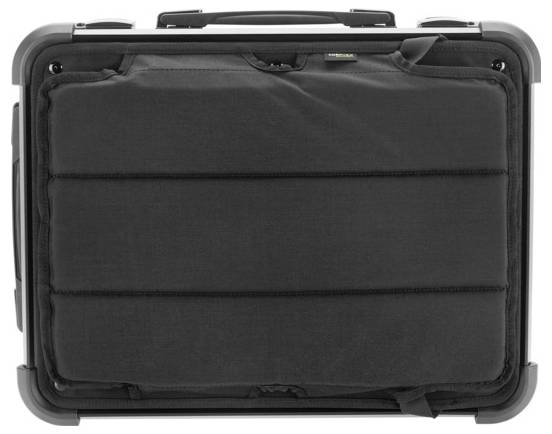 Ein schmaler, schwarzer Laptop-Koffer mit schützender Polsterung und Tragegriff. Ideal zum sicheren Transport eines Laptops.