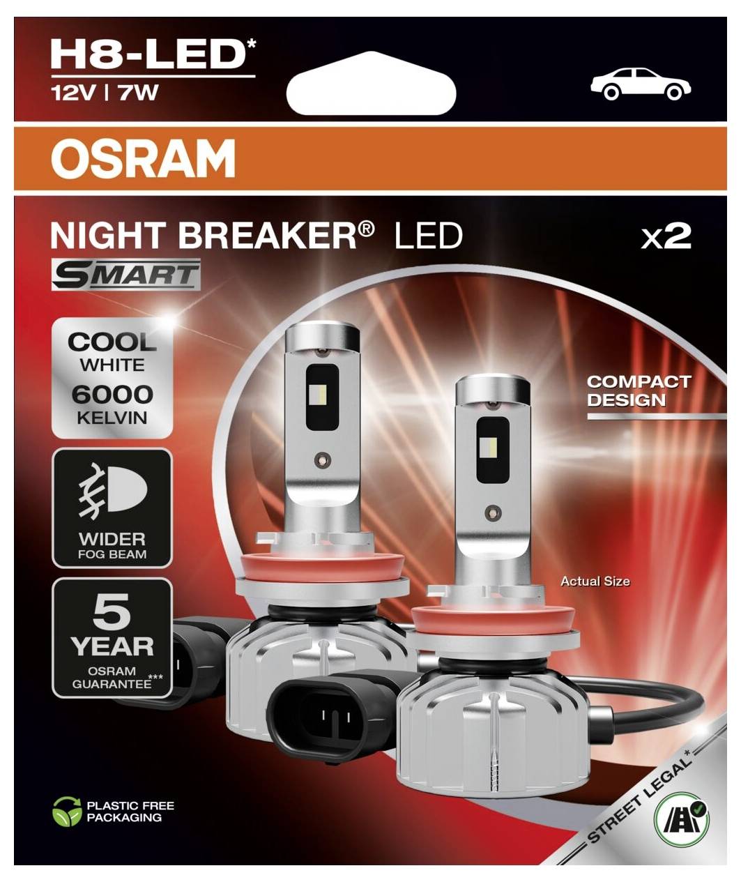 Zwei OSRAM H8-LED-Lampen 'Night Breaker' auf Verpackung. Merkmale: Cool White 6000 Kelvin, breiterer Lichtkegel, 5 Jahre Garantie.