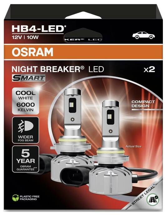 'OSRAM NIGHT BREAKER LED' Produktverpackung mit zwei LED-Lampen, 6000 Kelvin, kompakte Bauweise, 5 Jahre Garantie.