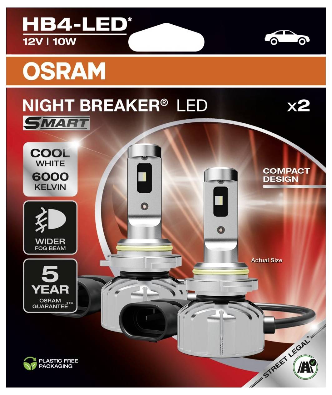 Zwei HB4-LED-Lampen von OSRAM, 'NIGHT BREAKER'. Eigenschaften: Cool White 6000 Kelvin, breiterer Lichtstrahl, 5 Jahre Garantie.