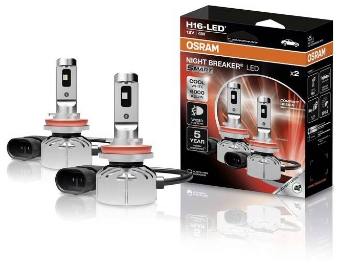 Eine Verpackung mit zwei H16-LED-Night-Breaker-LED-Lampen von Osram. Sie bieten kühles weißes Licht mit 6000 Kelvin und eine 5-jährige Garantie.