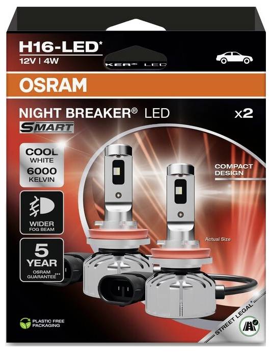 Zwei H16-LED-Autolampen von OSRAM, Modell NIGHT BREAKER LED, kühles Weiß bei 6000 Kelvin, kompakte Bauweise, fünf Jahre Garantie.