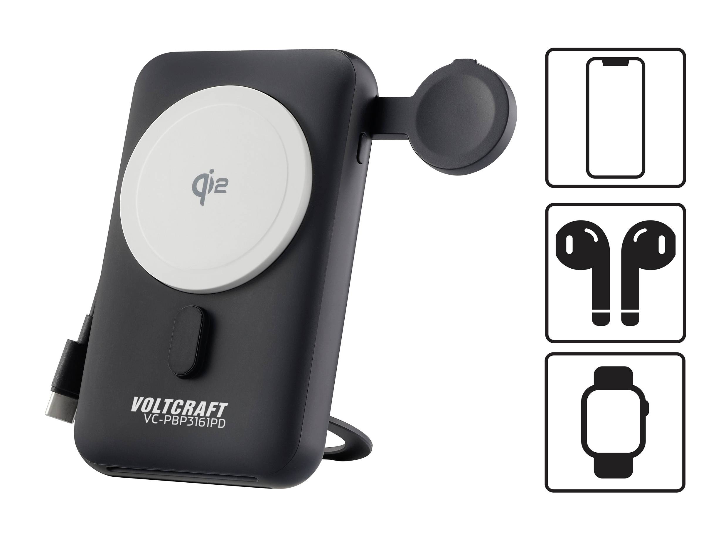 Tragbares Ladegerät mit Qi-Ladefläche, Lightning-Anschluss und USB-C-Kabel, kompatibel mit Smartphones, Kopfhörern und Uhren.