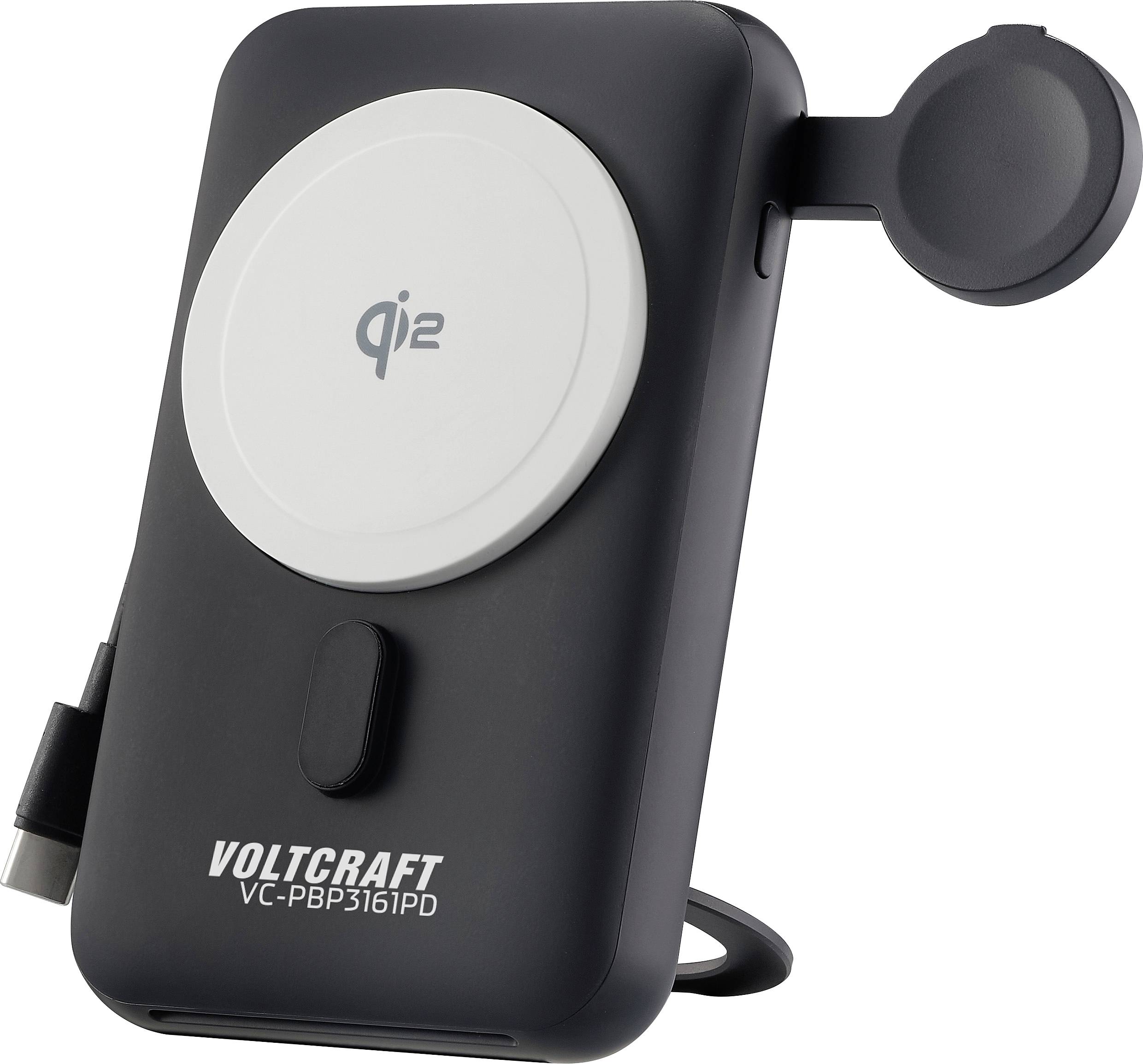 Tragbares, schwarzes Ladegerät mit Qi-Wireless-Ladefunktion und Voltcraft-Logo, Modell VC-PBP3161PD.