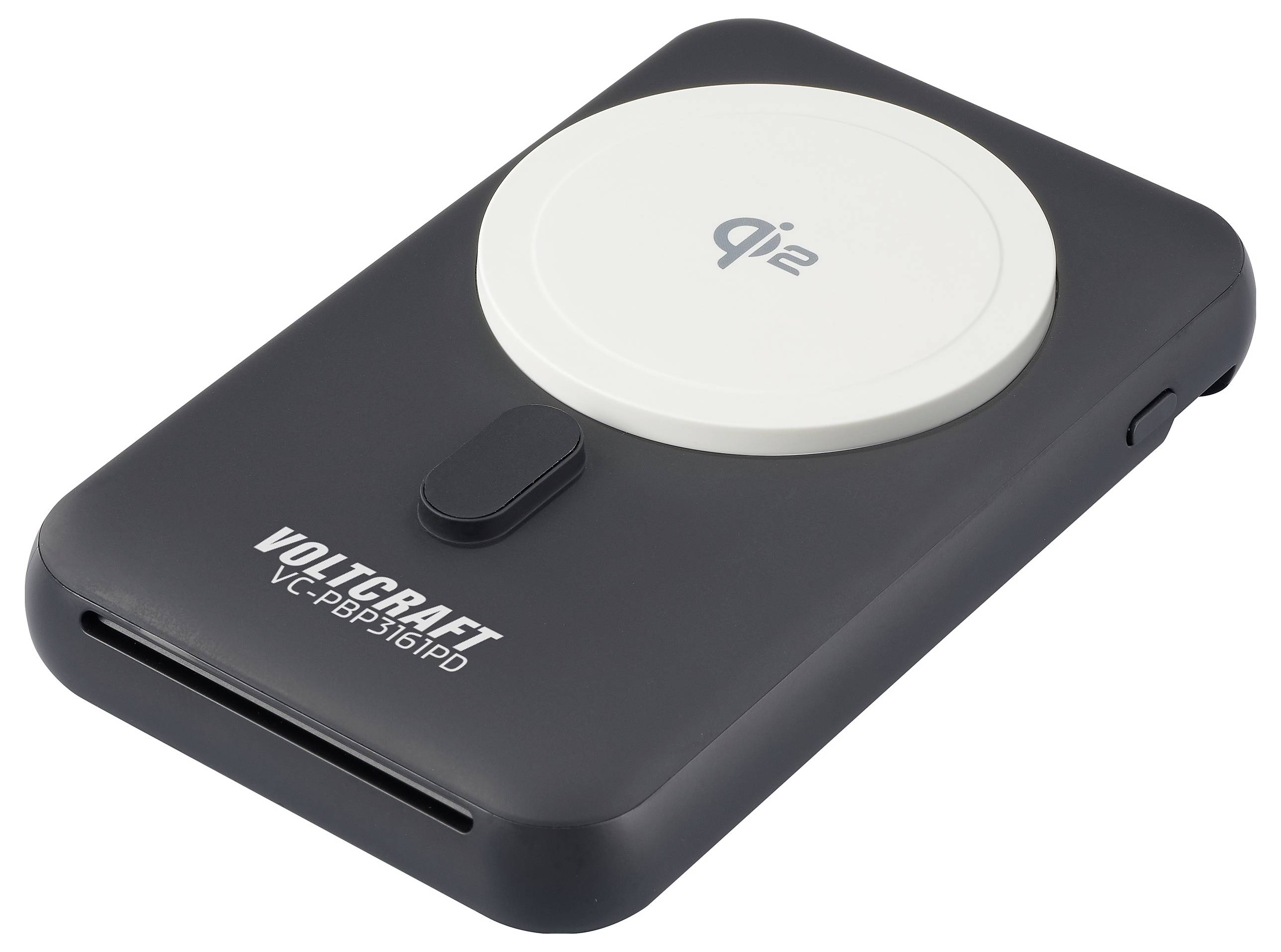 Schwarze Powerbank mit Aufdruck 'qi2' oben und 'VOLTCRAFT VC-PBB316IPD' unten. Sie hat eine abgerundete rechteckige Form.