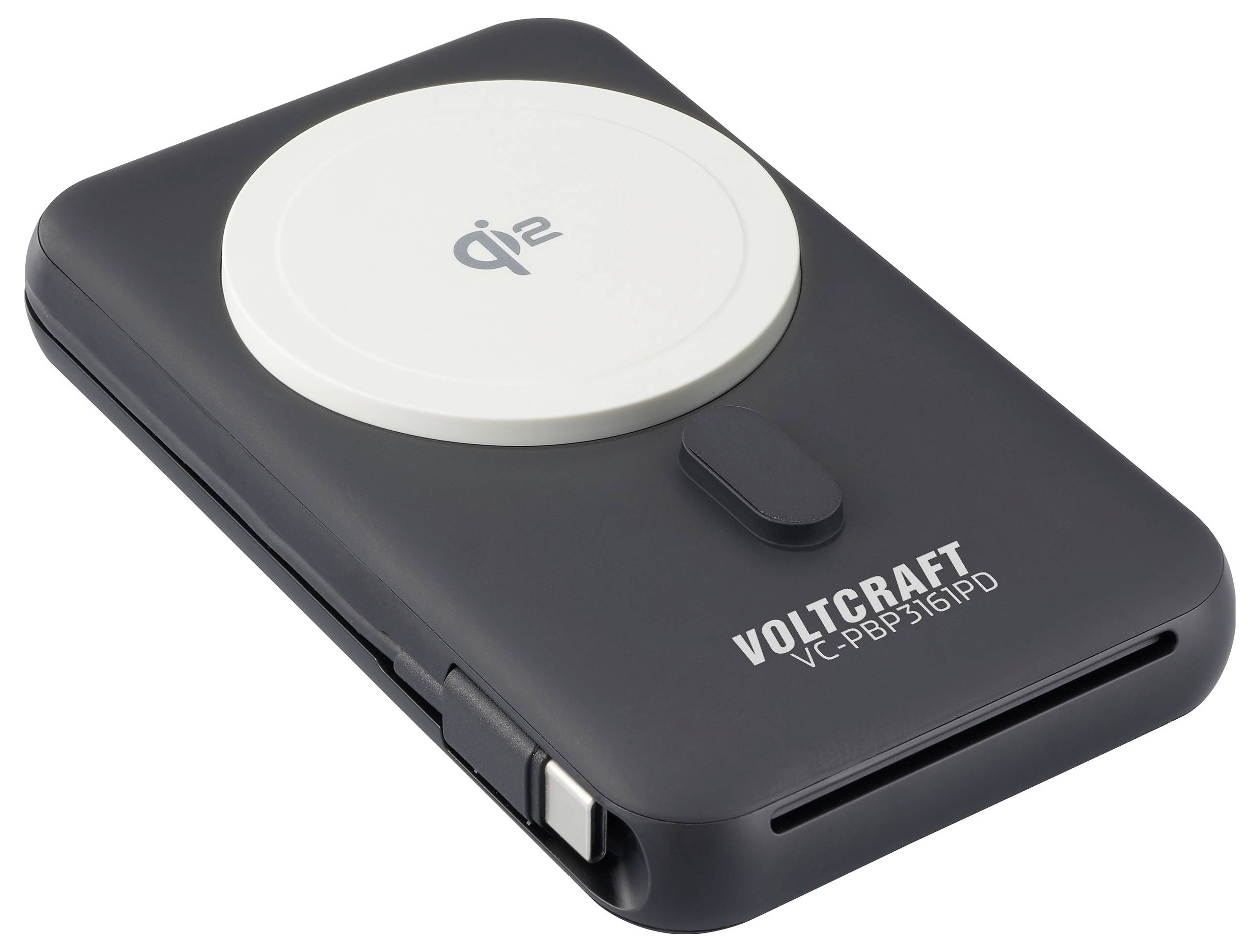 Qi2 kabelloses Ladegerät von Voltcraft, Modell VC-PB1316PD, in Schwarz. Tragbares Design mit integriertem Kabelanschluss.