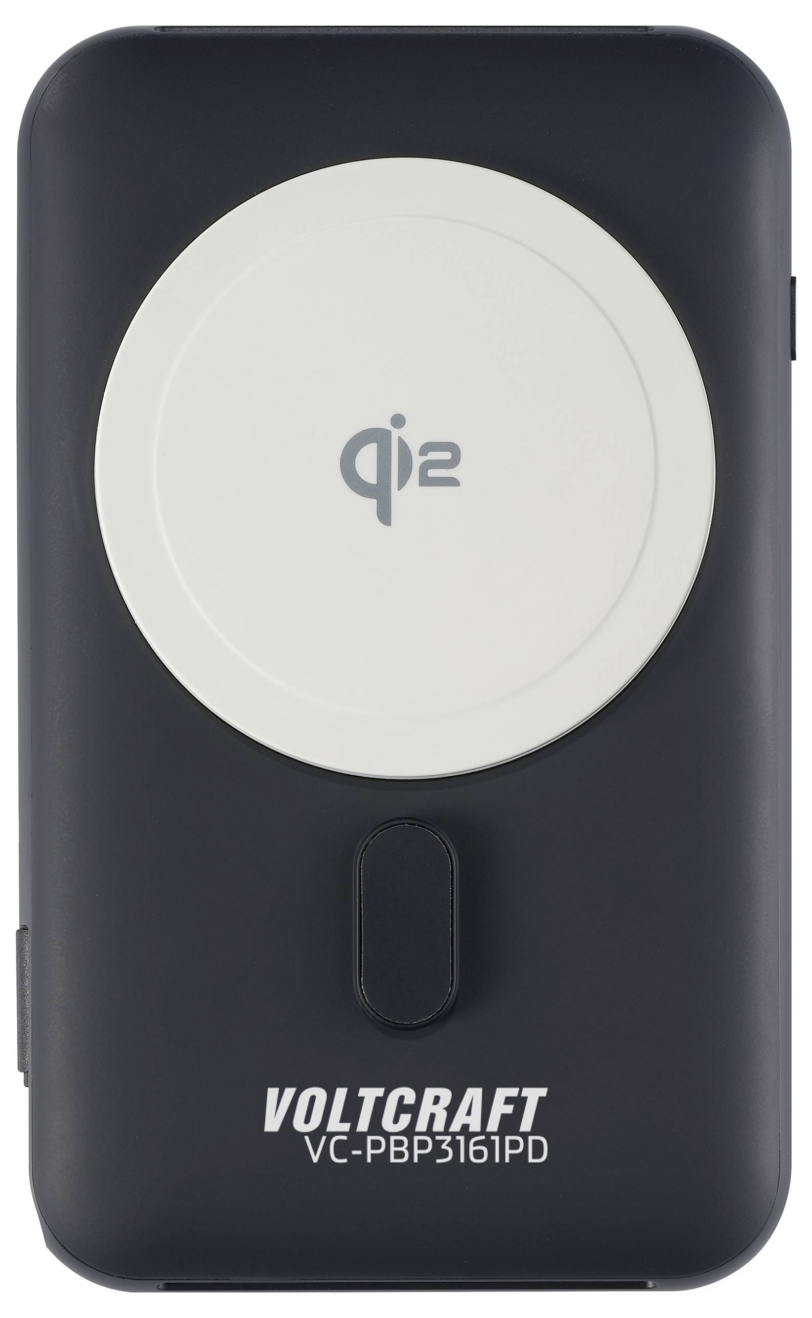 Schwarze Powerbank von Voltcraft mit Aufdruck 'qi2' auf der Oberseite, Modellnummer VC-PBP3161PD.