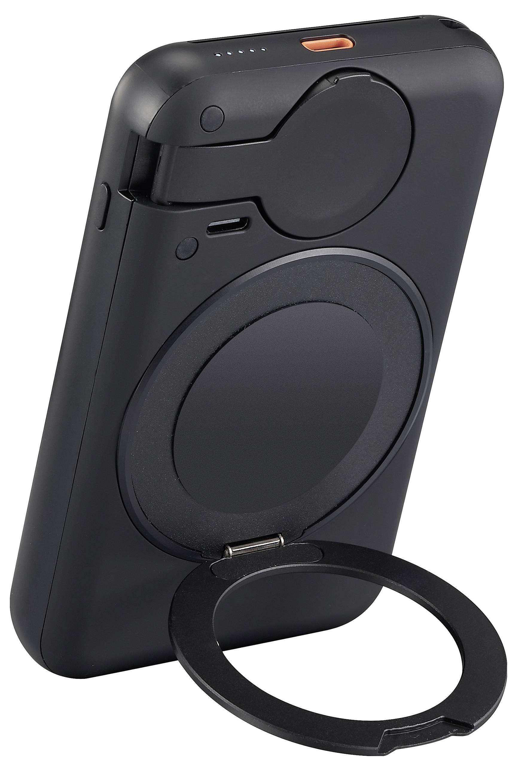 Eine schwarze tragbare Powerbank mit integriertem Ladegerät und Klappständer. Oben befinden sich LED-Anzeigen für den Ladezustand.