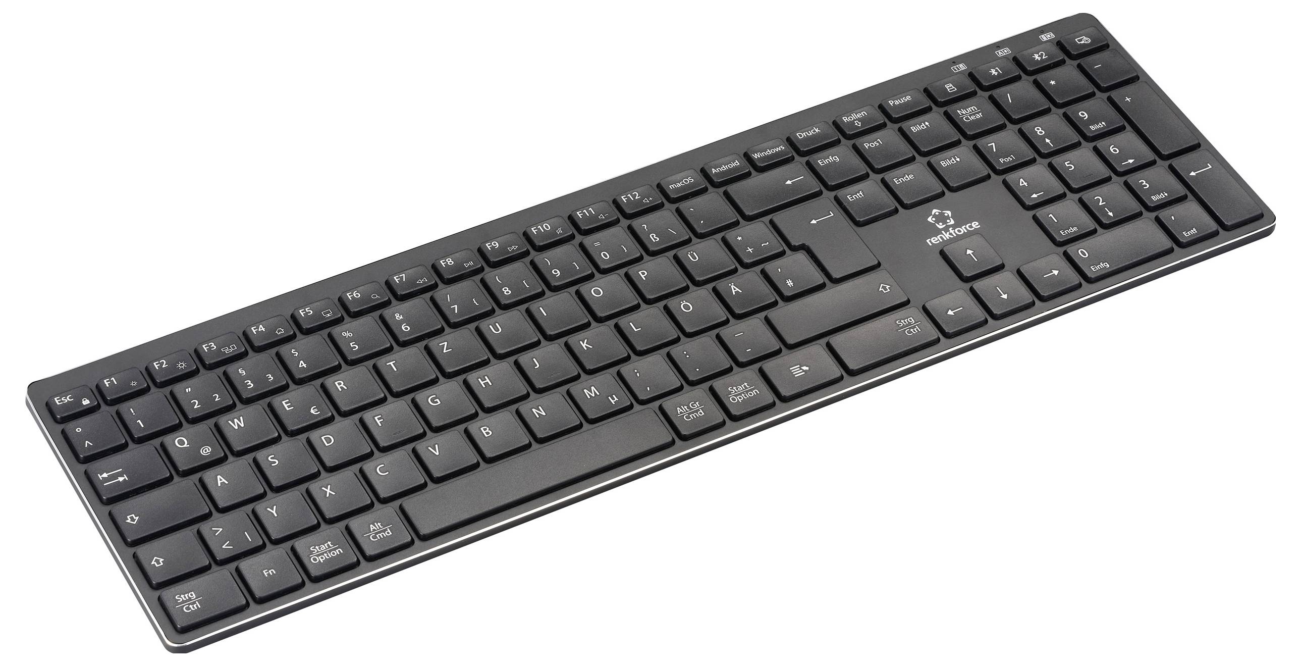 Eine schwarze Computertastatur mit flachem Design, vollständigem Tastenlayout und Numerikblock. Ideal für Büroanwendungen.