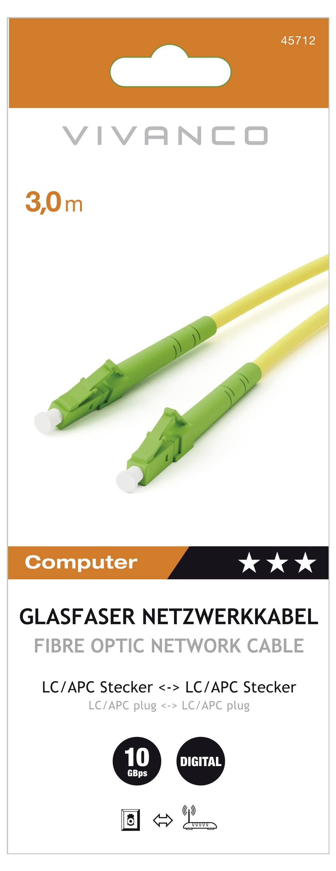 'Glasfaser-Netzwerkkabel, 3,0 m, LC/APC Stecker, 10 Gbps, digital.' Darstellungen der grünen Stecker und gelbes Kabel auf der Verpackung.