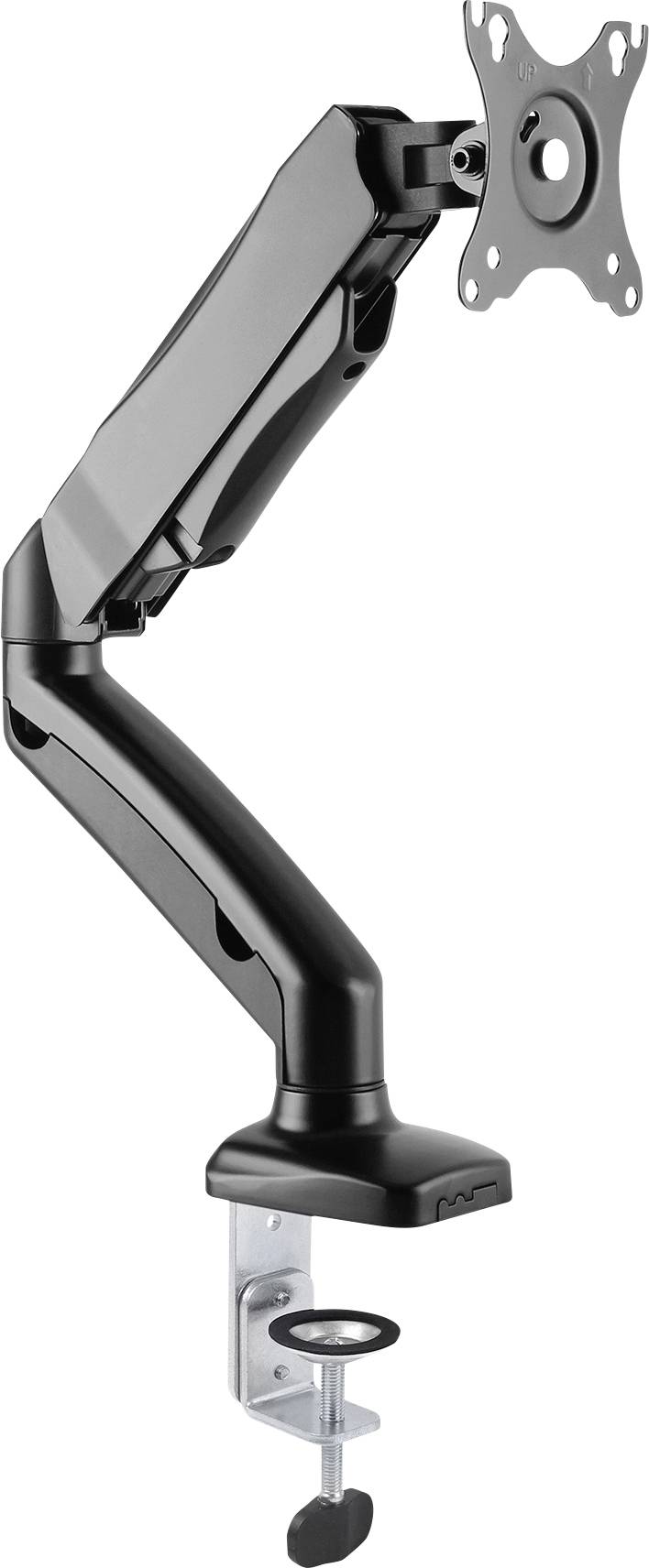 Monitorhalterung aus schwarzem Metall mit einer flexiblen, schwenkbaren Halterung und einer Tischklemme zur Befestigung.