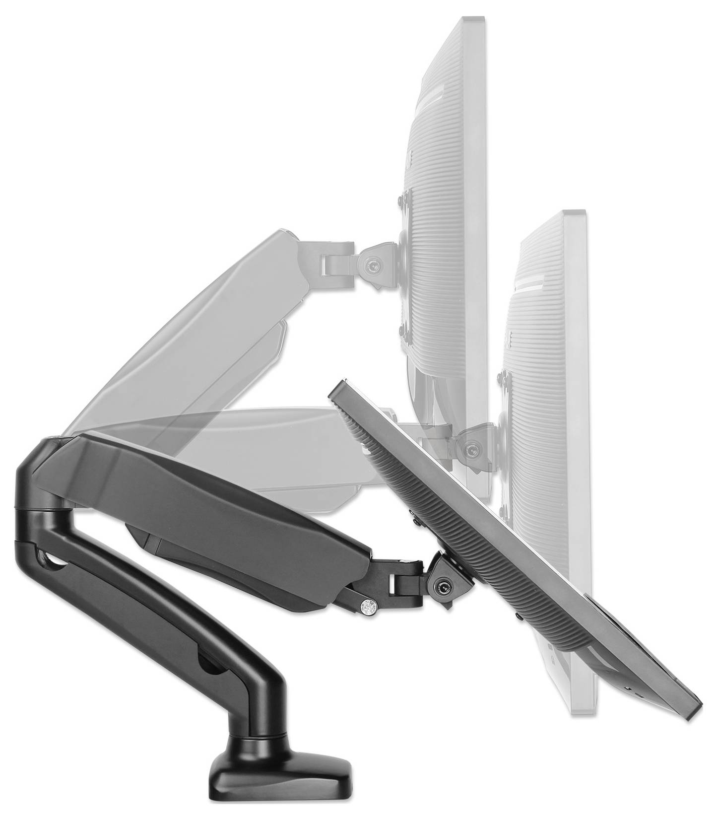 Ein Monitorarm mit einstellbarer Halterung zeigt verschiedene Positionen eines Monitors von aufrecht bis geneigt.