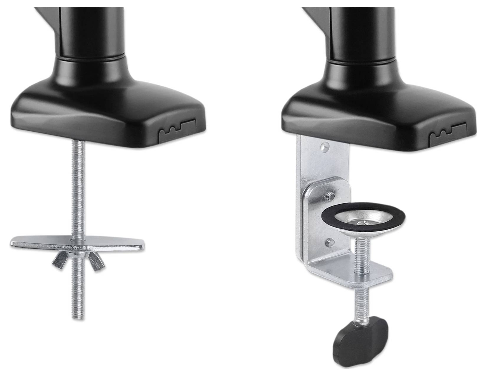 Zwei Montagemethoden für einen Monitorarm: Links mit Schraubklemme, rechts mit Tischklemme. Beide aus Metall und Kunststoff.