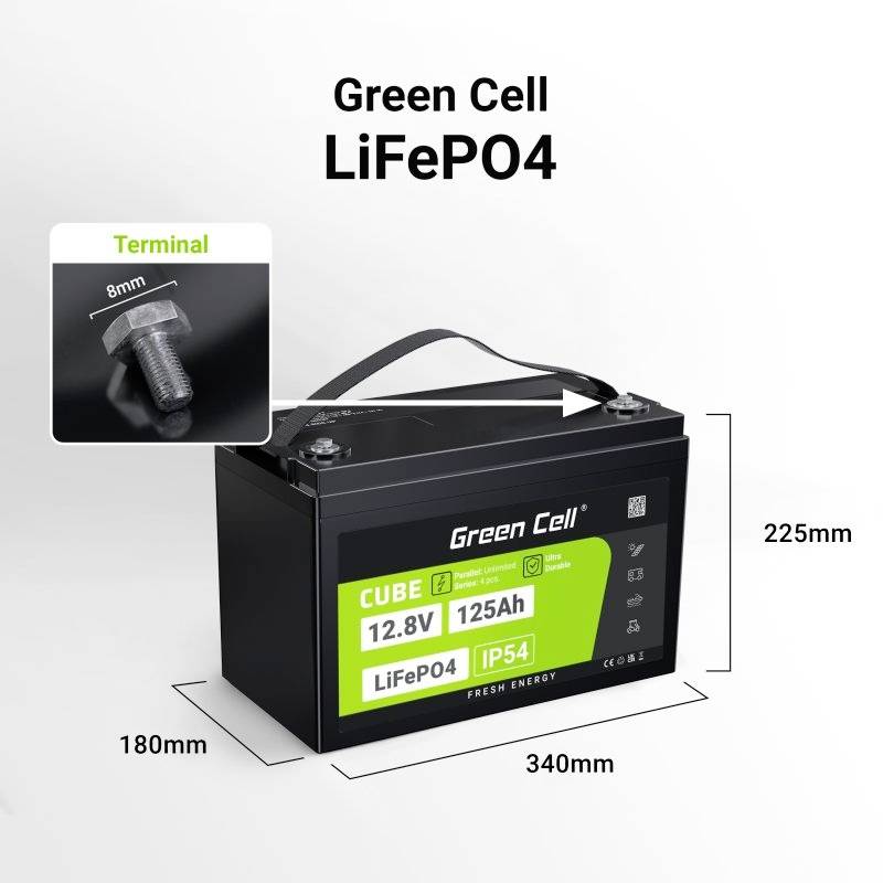 'Green Cell LiFePO4 CUBE 12.8V 125Ah' Batterie mit Maßen: 340mm Länge, 180mm Breite, 225mm Höhe. IP54 Schutzart, 8mm Terminal.