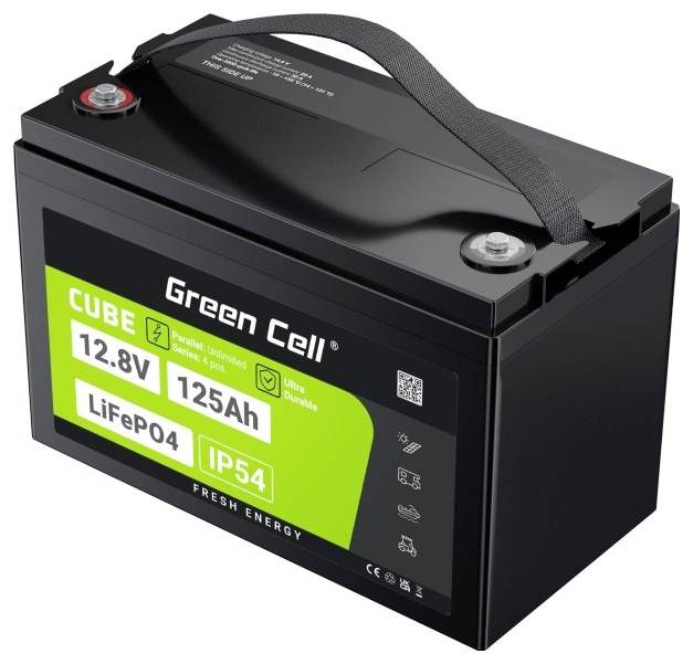 Batterie von Green Cell, Modell 'CUBE', LiFePO4-Technologie, 12,8V, 125Ah, IP54. Robustes Design mit Tragegriff.