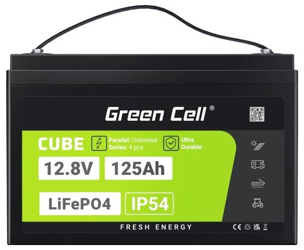 Green Cell 12.8V 125Ah LiFePO4 Akku, IP54, für erneuerbare Energien. Ultra robust und langlebig. Parallel und seriell erweiterbar.