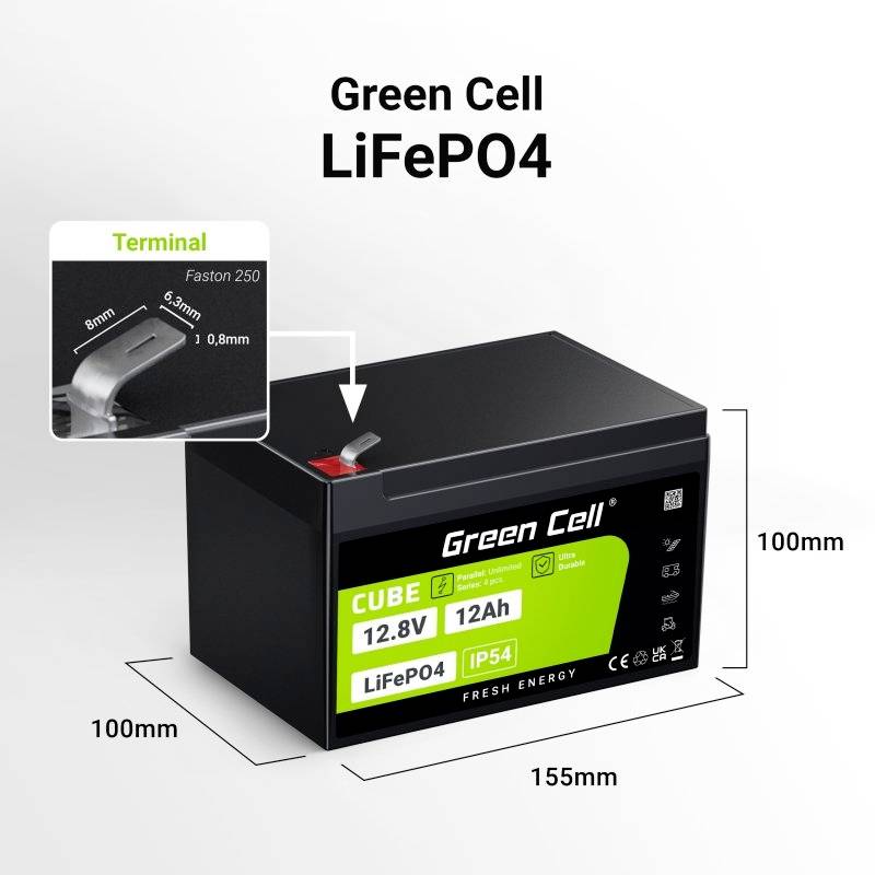 Green Cell CUBE LiFePO4 Spezial-Akku LiFePo-Block Flachstecker Li-Ion 12.8V 12Ah 1St.