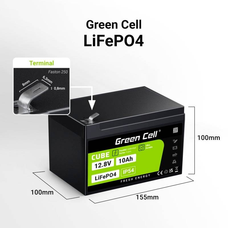 Green Cell CUBE LiFePO4 Spezial-Akku LiFePo-Block Flachstecker Li-Ion 12.8V 10Ah 1St.