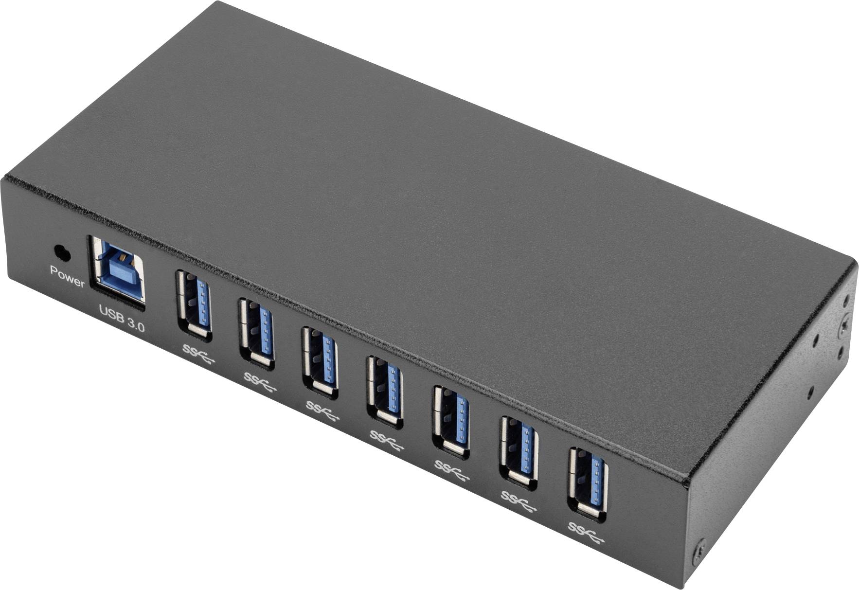 Schwarzer USB-3.0-Hub mit acht Anschlüssen. Links befindet sich der Eingang, daneben die Ausgänge in einer Reihe.