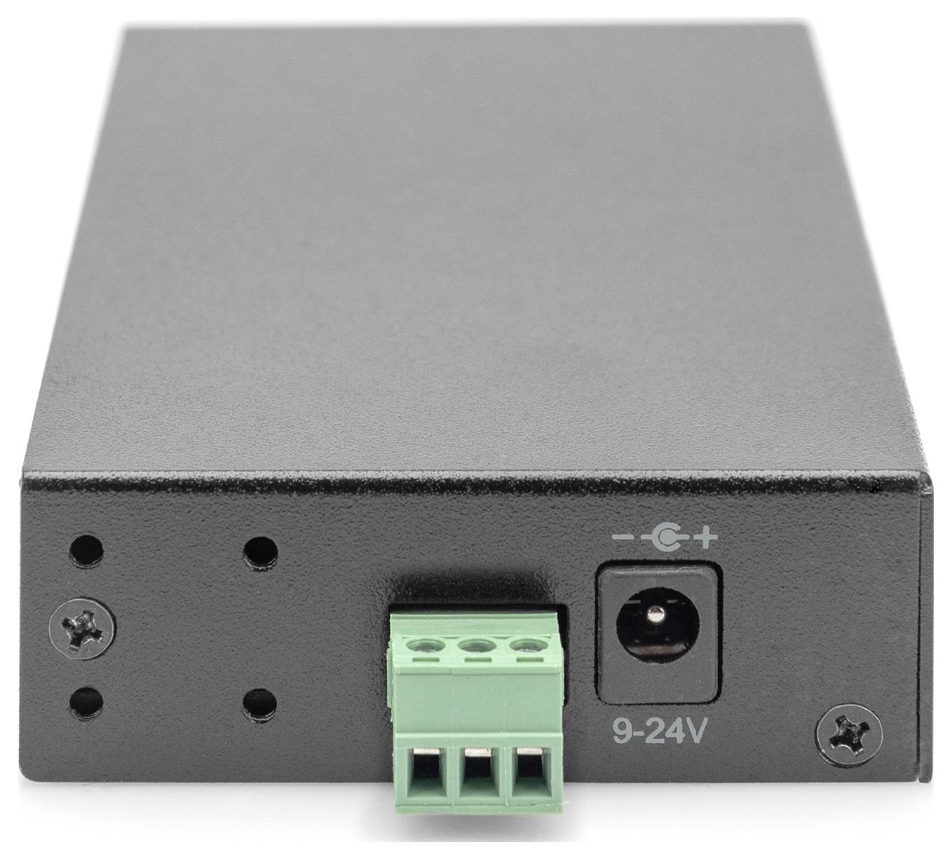 Schwarzes elektronisches Gerät, Ansicht von hinten, mit grünem Stromanschluss und Netzbuchse mit der Beschriftung '9-24V'.