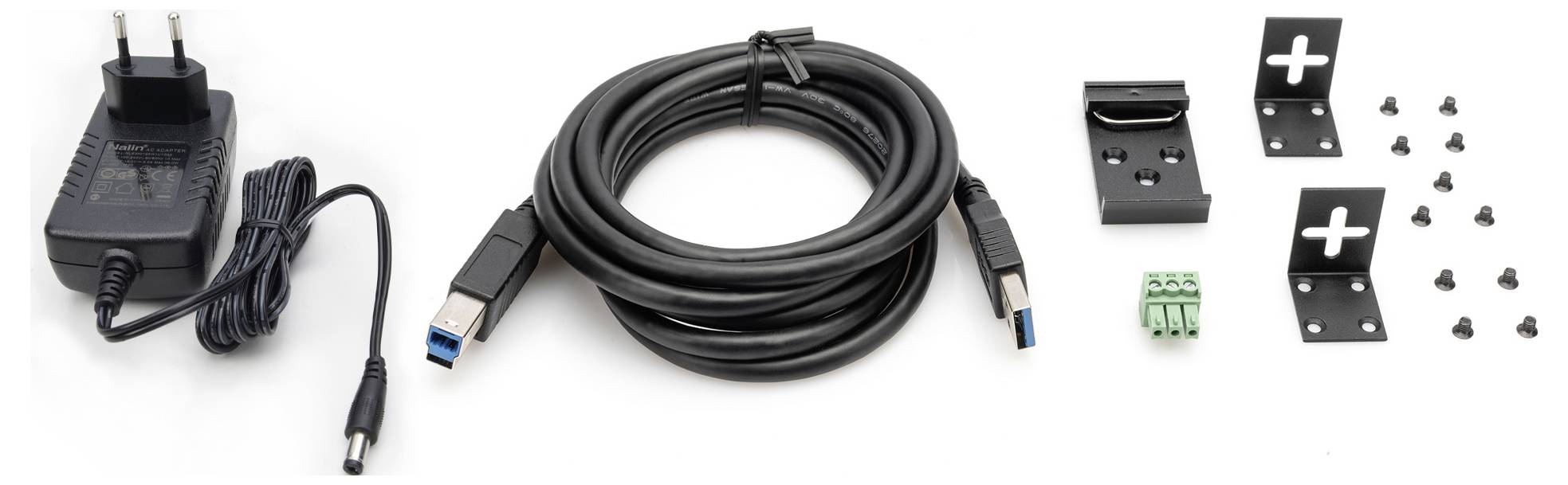 Inhalt: Netzadapter, USB-Kabel, Montagehalterungen, Schrauben-Set. Verwendung: Elektronik, Verbindung, Befestigung.