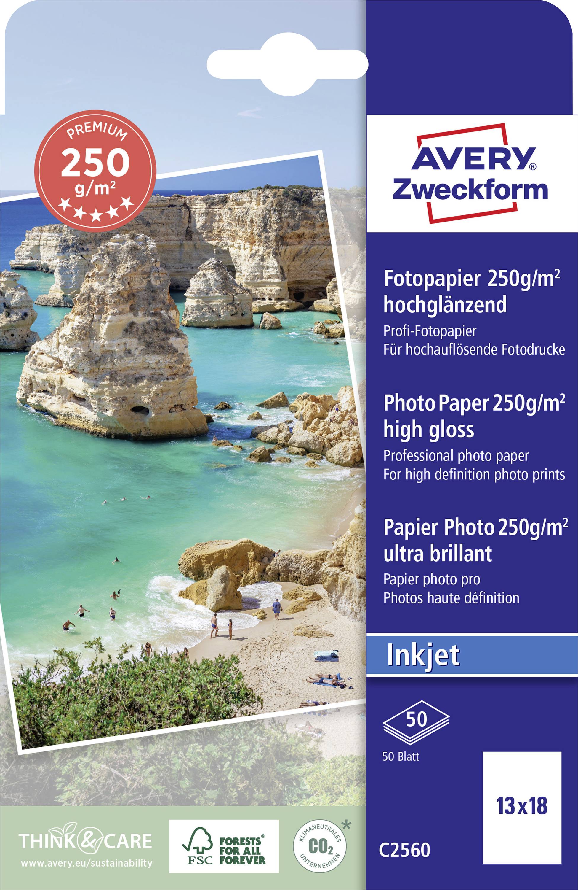 Verpackung für hochglänzendes Fotopapier von Avery Zweckform, 250 g/m², Inkjet, 50 Blatt, Premium-Qualität, mit Strandmotiv.